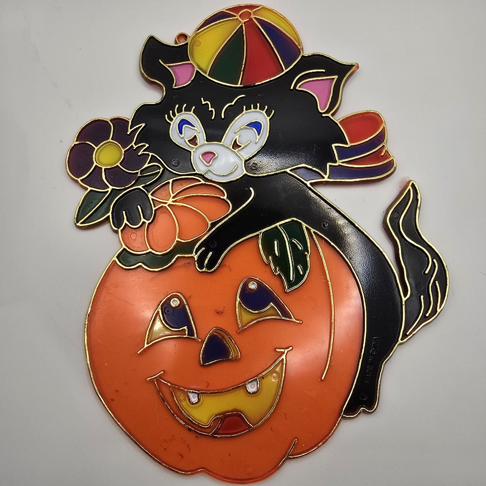 Vintage Halloween Window Hanging Black Cat Pumpkin Jack Approx 9"x7" W